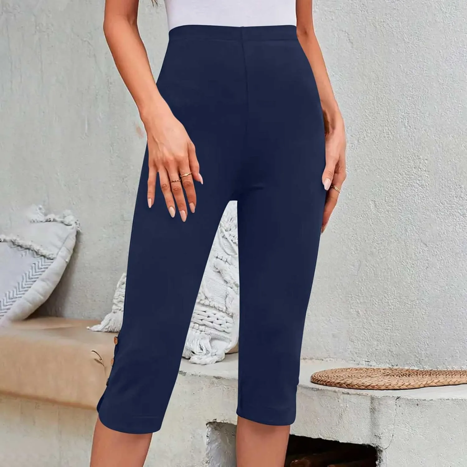 Oplxuo Capri Pants for Women Casual Summer Dressy Pull On Stretch High Waisted Buttons Slit Bottom Crop Work Leggings
