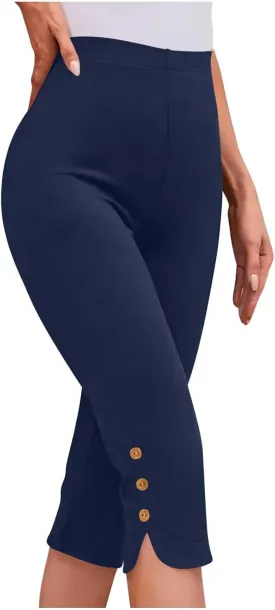 Oplxuo Capri Pants for Women Casual Summer Dressy Pull On Stretch High Waisted Buttons Slit Bottom Crop Work Leggings