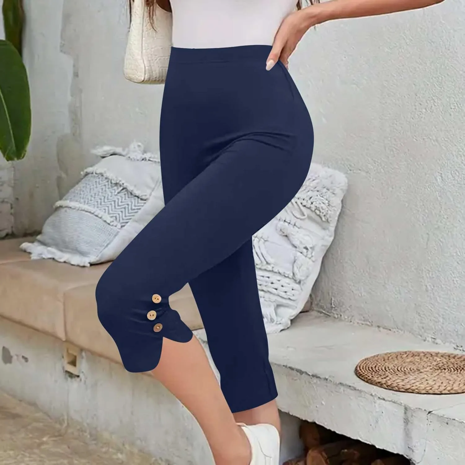 Oplxuo Capri Pants for Women Casual Summer Dressy Pull On Stretch High Waisted Buttons Slit Bottom Crop Work Leggings