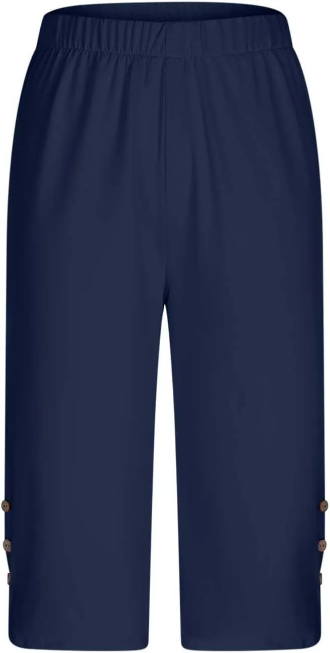 Oplxuo Capri Pants for Women Casual Summer Dressy Pull On Stretch High Waisted Buttons Slit Bottom Crop Work Leggings