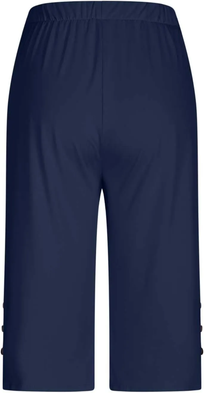 Oplxuo Capri Pants for Women Casual Summer Dressy Pull On Stretch High Waisted Buttons Slit Bottom Crop Work Leggings