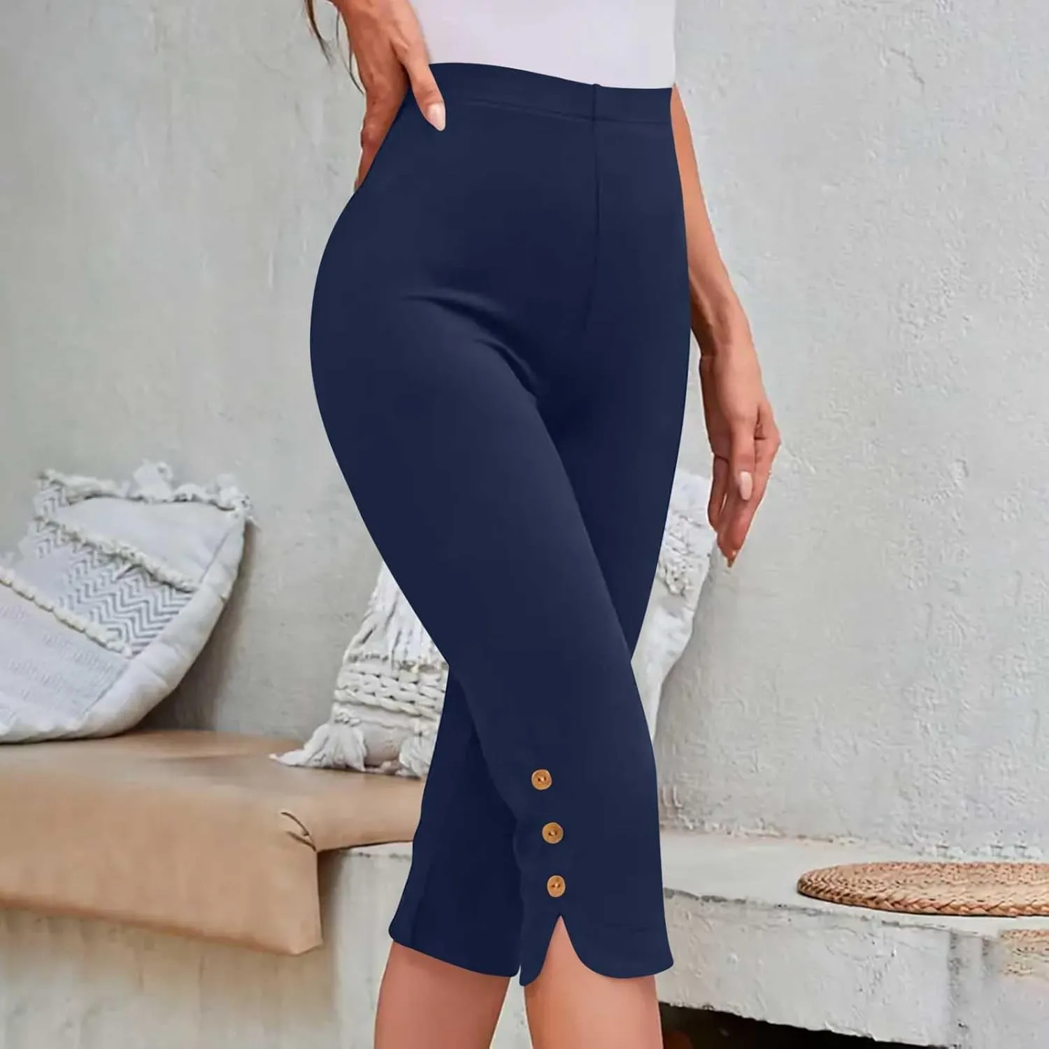 Oplxuo Capri Pants for Women Casual Summer Dressy Pull On Stretch High Waisted Buttons Slit Bottom Crop Work Leggings