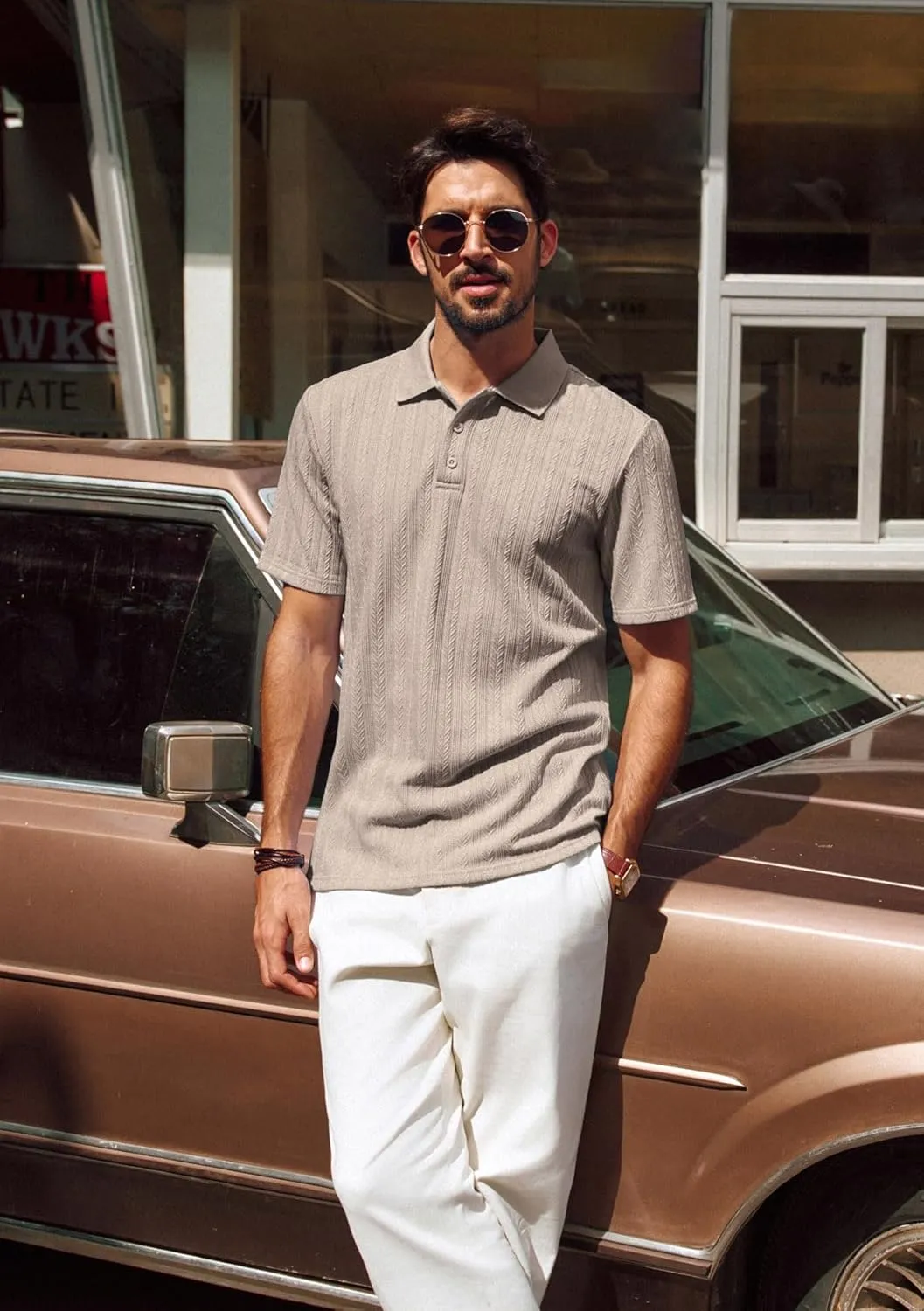 PJ PAUL JONES Mens Polo Shirts Short Sleeve Fashion Textured Polo Shirt Regular Fit Stretchy Golf Shirts