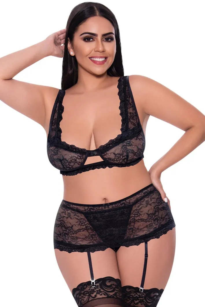 Plus size Bralette, garter skirt and G-set black