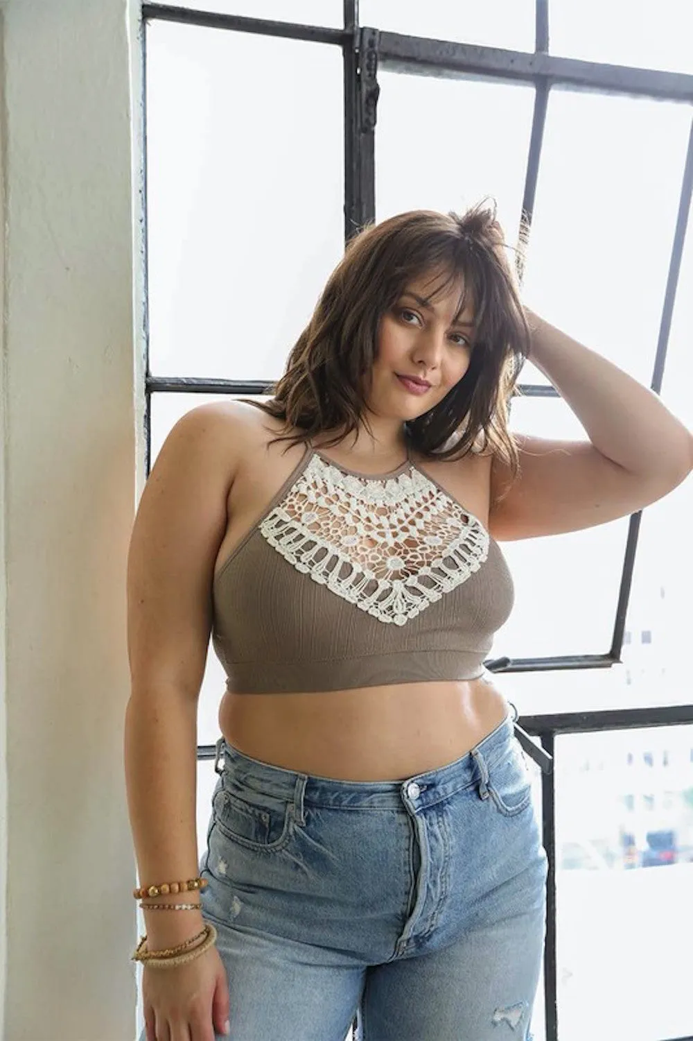 Plus Size Crochet Lace Halter Bralette Crop Top