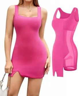 Popilush Cocktail Dresses for Women Built in Shapewear Bra 8 in 1 Square Neck Mini Slit Bodycon Summer Dress