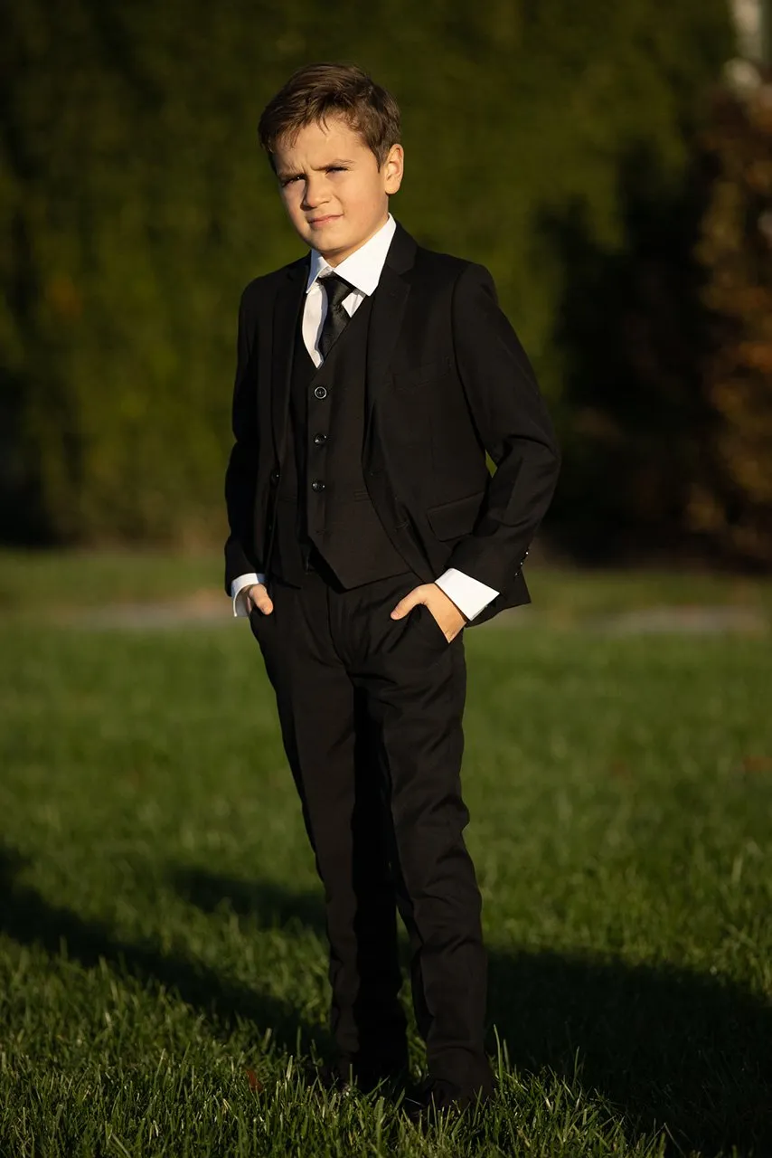 "Premium" Kids Black 5-Piece Wool Blend Suit
