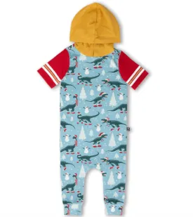 Rags - Retro Short Sleeve Hooded Rag Romper in Holiday Dinos