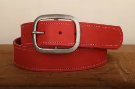 Red Leather Belt with White Stitch and Antique Silver Buckle