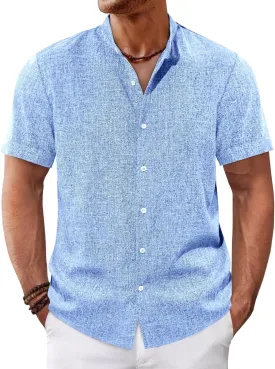 Runcati Mens Casual Button Down Shirts Short Sleeve Banded Collar Shirt Linen Beach Summer Hippie Tops