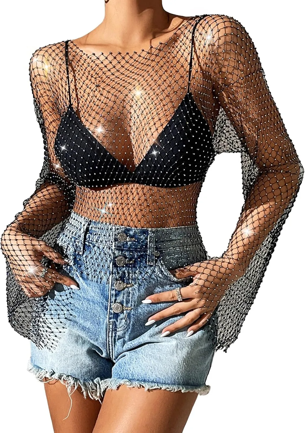 SEAUR Women's Sexy Fishnet Rhinestone Shirt See Through Hollow Out Mesh Cover up Sparkle Party Club Crop Tops