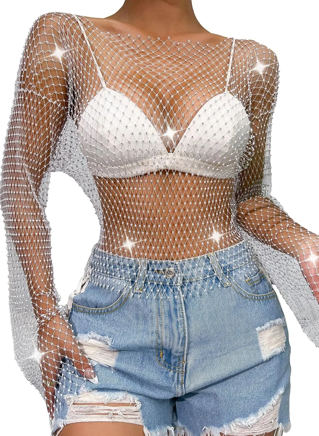 SEAUR Women's Sexy Fishnet Rhinestone Shirt See Through Hollow Out Mesh Cover up Sparkle Party Club Crop Tops
