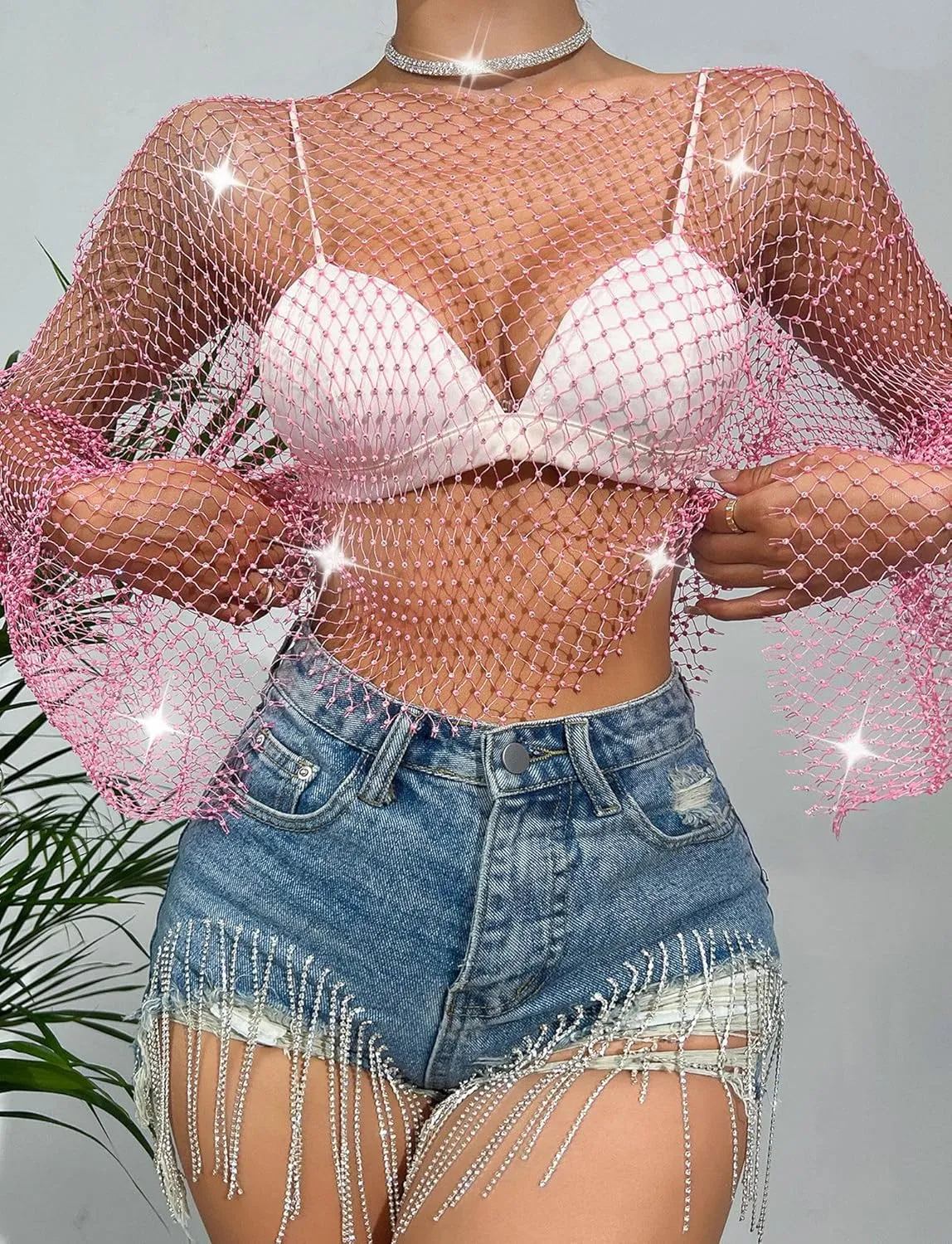SEAUR Women's Sexy Fishnet Rhinestone Shirt See Through Hollow Out Mesh Cover up Sparkle Party Club Crop Tops
