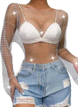 SEAUR Women's Sexy Fishnet Rhinestone Shirt See Through Hollow Out Mesh Cover up Sparkle Party Club Crop Tops