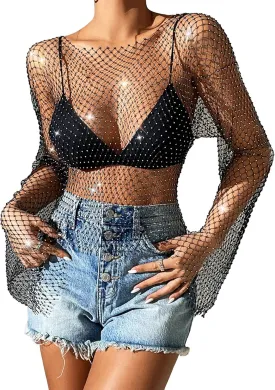 SEAUR Women's Sexy Fishnet Rhinestone Shirt See Through Hollow Out Mesh Cover up Sparkle Party Club Crop Tops