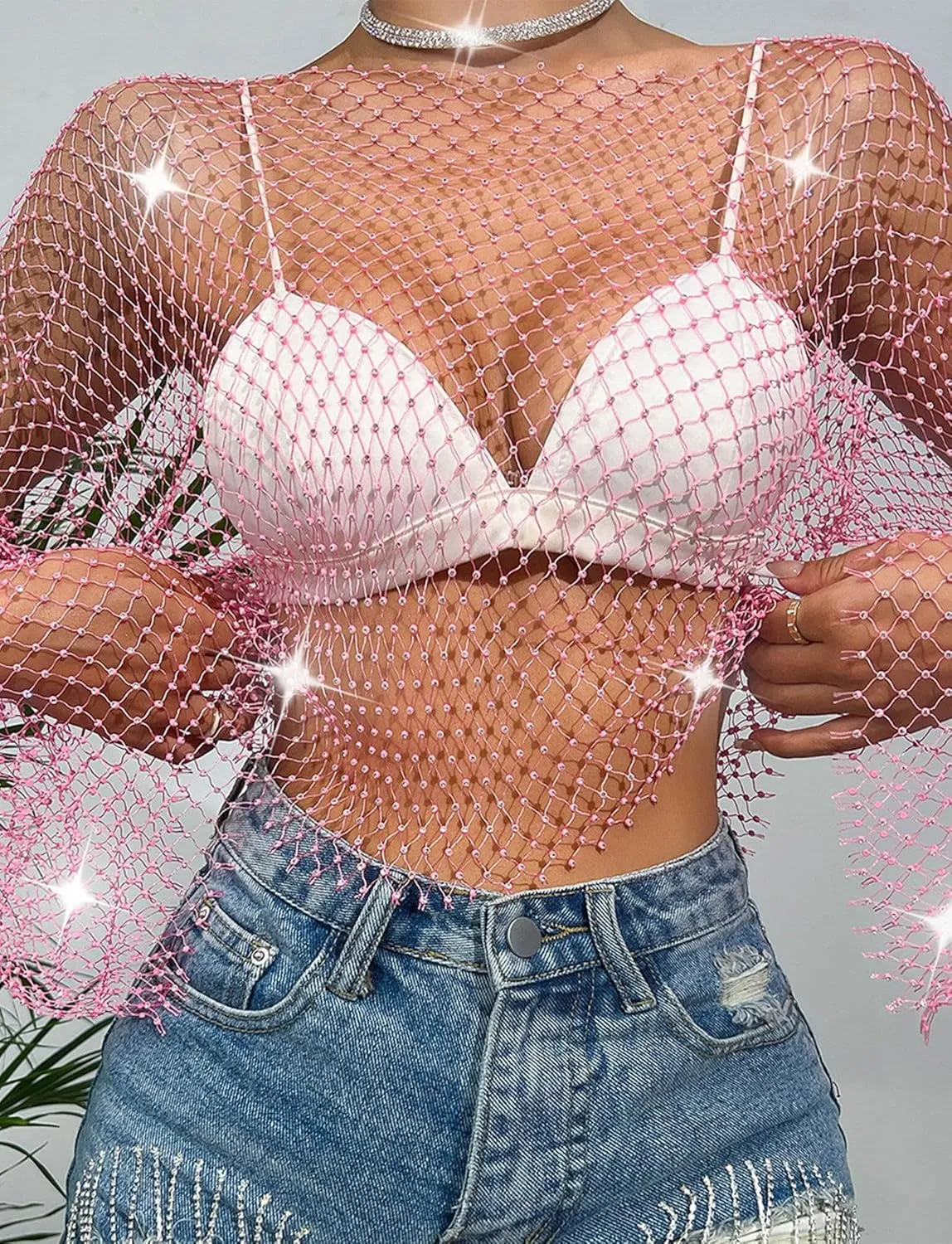 SEAUR Women's Sexy Fishnet Rhinestone Shirt See Through Hollow Out Mesh Cover up Sparkle Party Club Crop Tops