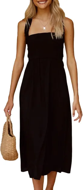 Sexyshine Women's Square Neck Halter Lace Up Criss Cross Maxi Dress Tie Back Sleeveless Smocked Ruched A Line Dress