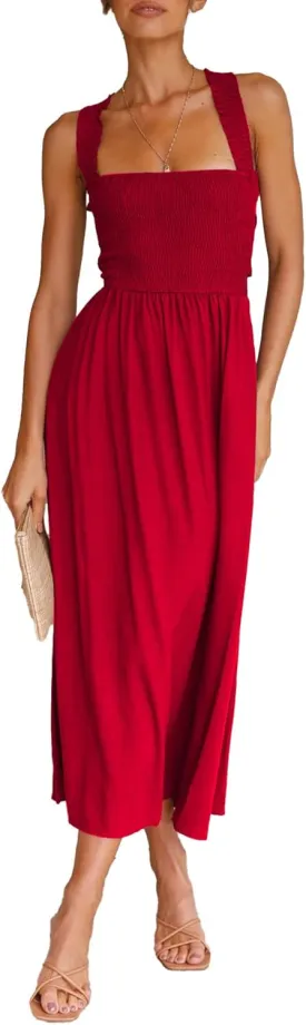 Sexyshine Women's Square Neck Halter Lace Up Criss Cross Maxi Dress Tie Back Sleeveless Smocked Ruched A Line Dress