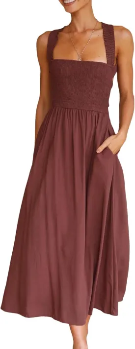 Sexyshine Women's Square Neck Halter Lace Up Criss Cross Maxi Dress Tie Back Sleeveless Smocked Ruched A Line Dress