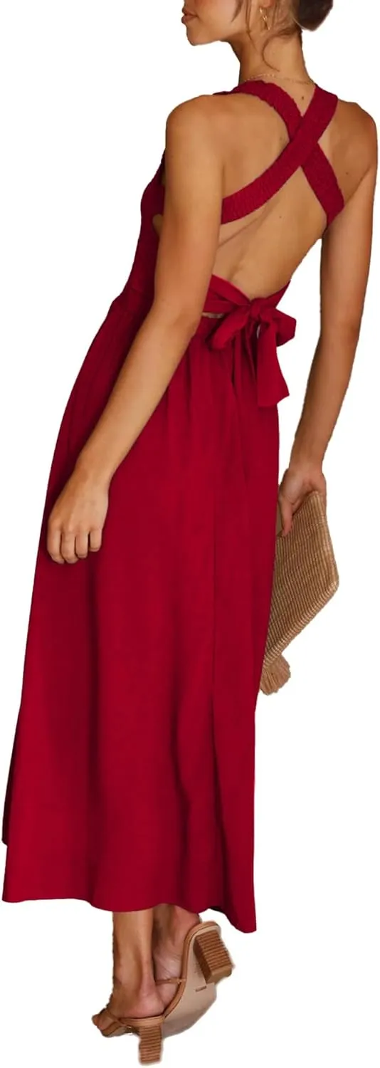 Sexyshine Women's Square Neck Halter Lace Up Criss Cross Maxi Dress Tie Back Sleeveless Smocked Ruched A Line Dress