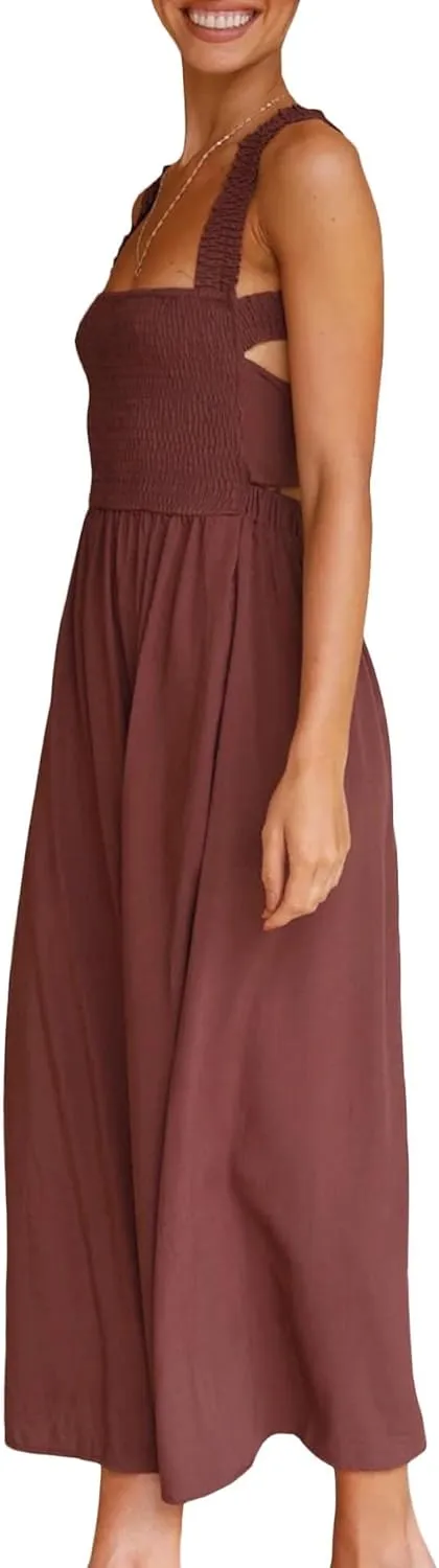 Sexyshine Women's Square Neck Halter Lace Up Criss Cross Maxi Dress Tie Back Sleeveless Smocked Ruched A Line Dress