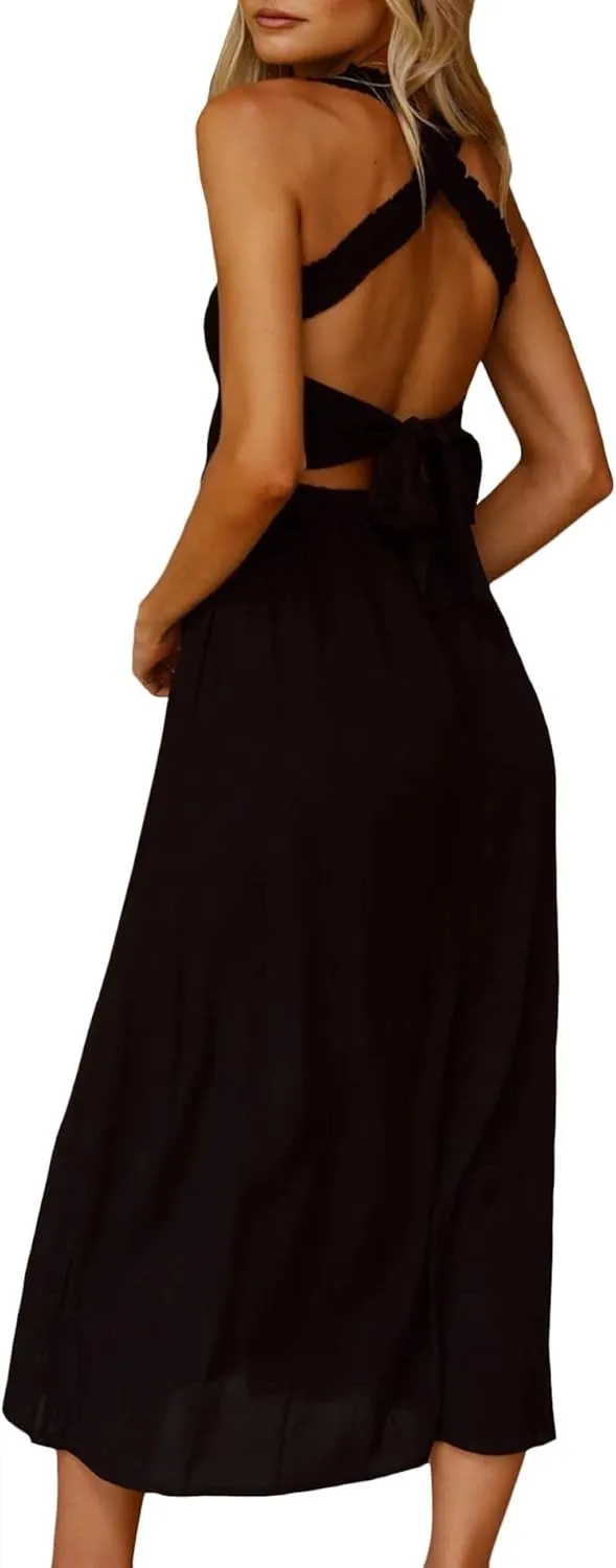 Sexyshine Women's Square Neck Halter Lace Up Criss Cross Maxi Dress Tie Back Sleeveless Smocked Ruched A Line Dress