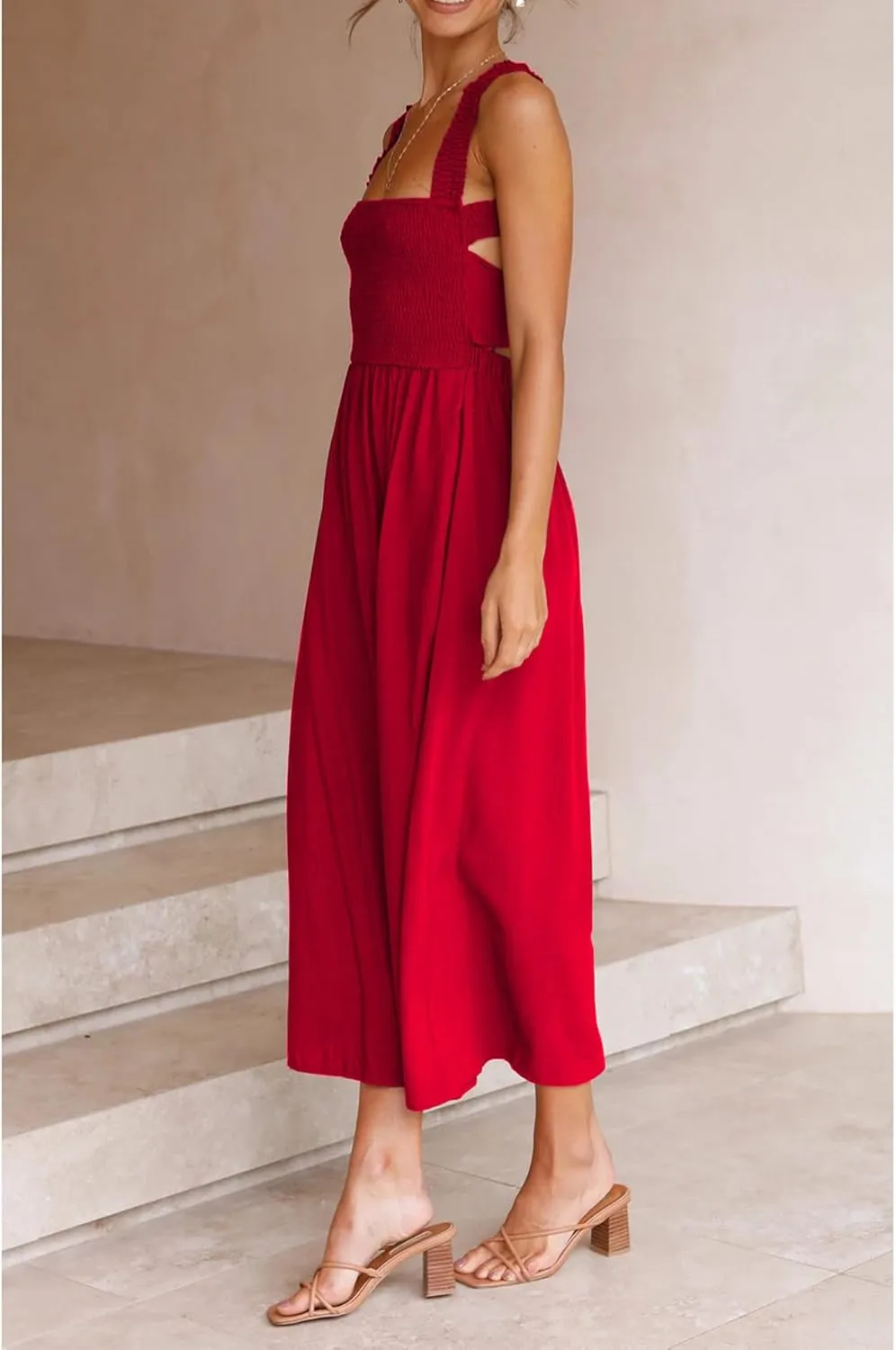 Sexyshine Women's Square Neck Halter Lace Up Criss Cross Maxi Dress Tie Back Sleeveless Smocked Ruched A Line Dress