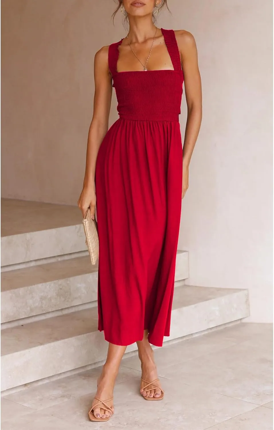 Sexyshine Women's Square Neck Halter Lace Up Criss Cross Maxi Dress Tie Back Sleeveless Smocked Ruched A Line Dress