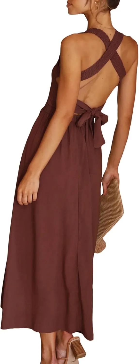 Sexyshine Women's Square Neck Halter Lace Up Criss Cross Maxi Dress Tie Back Sleeveless Smocked Ruched A Line Dress