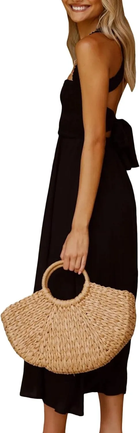 Sexyshine Women's Square Neck Halter Lace Up Criss Cross Maxi Dress Tie Back Sleeveless Smocked Ruched A Line Dress