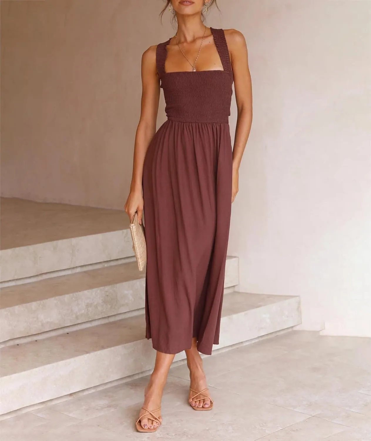 Sexyshine Women's Square Neck Halter Lace Up Criss Cross Maxi Dress Tie Back Sleeveless Smocked Ruched A Line Dress