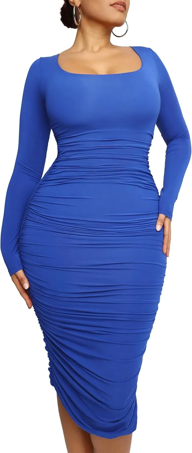 SHAPELLX Shaper Dress Sexy Ruched Bodycon Dress for Women Built-in 360 Tank Top Casual Party Club Midi Dresses