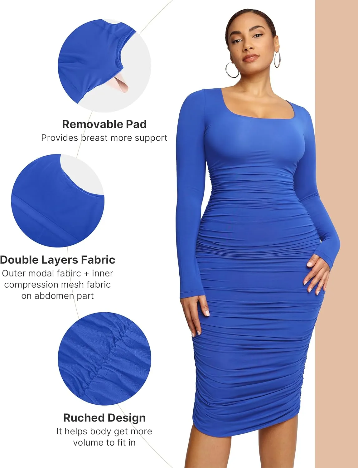 SHAPELLX Shaper Dress Sexy Ruched Bodycon Dress for Women Built-in 360 Tank Top Casual Party Club Midi Dresses