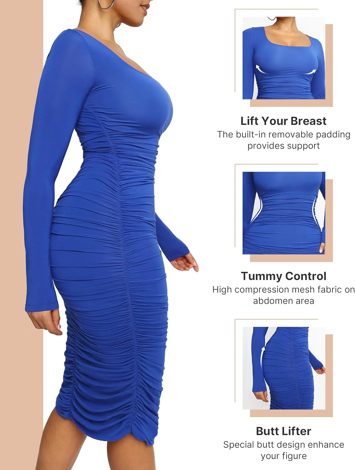 SHAPELLX Shaper Dress Sexy Ruched Bodycon Dress for Women Built-in 360 Tank Top Casual Party Club Midi Dresses