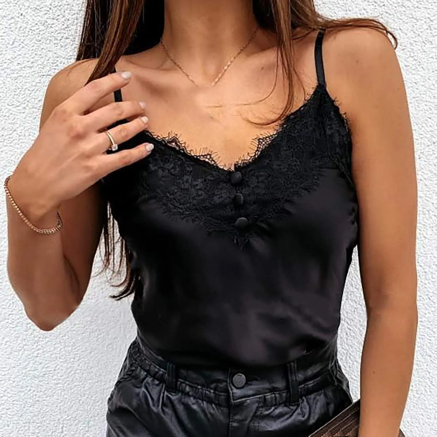 Silk Camisole Tops for Women Sexy V-Neck Silk Satin Tank Tops Lace Trimmed Camisole Adjustable Basic Tank Top
