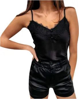 Silk Camisole Tops for Women Sexy V-Neck Silk Satin Tank Tops Lace Trimmed Camisole Adjustable Basic Tank Top