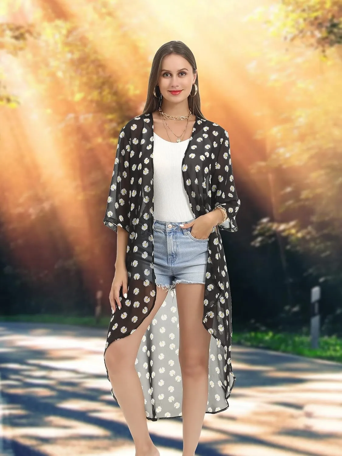 Soul Young Women's Floral Kimono Cardigan Swimsuit Beach Cover up with Open Front Dress Beachwear for Summer