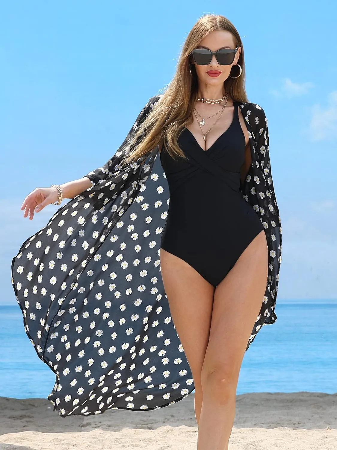 Soul Young Women's Floral Kimono Cardigan Swimsuit Beach Cover up with Open Front Dress Beachwear for Summer
