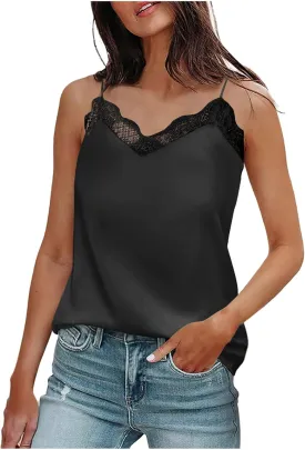 Summer V Neck Tank Tops for Women Silk Satin Summer Sleeveless Camisole Straps Top Casual Cami Tank Top