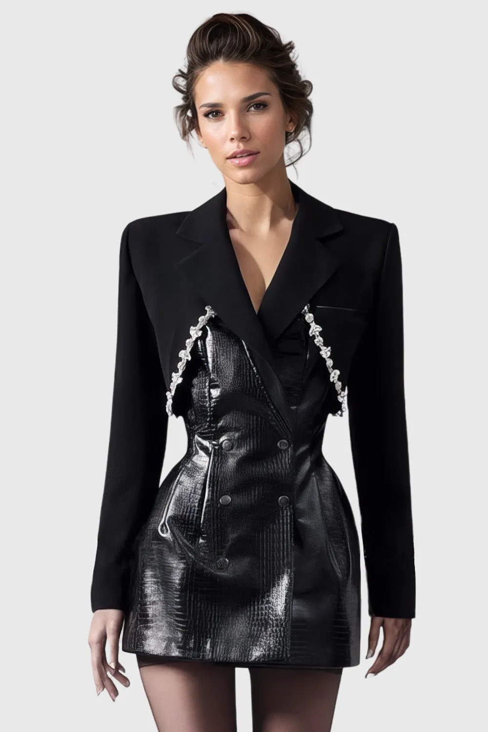Tailored Blazer Dress with Leather - Black