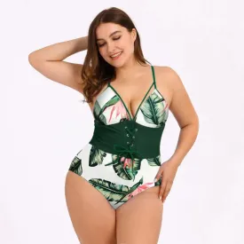 Upopby Print Tunic Corset Plus Size One-Piece Swimsuit