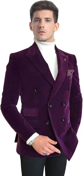 Wemaliyzd Men's Double Breasted Blazer Leisure Peak Lapel Velvet Suit Jacket Dinner Party