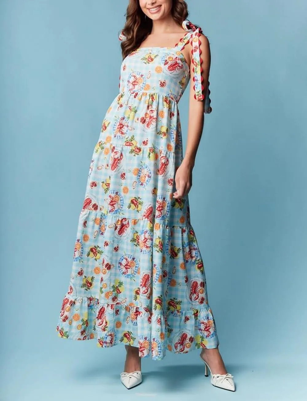 Women Bohemain Floral Maxi Dress Bow Tie Shoulder Flowy Cami Dress Y2K Ruffle Tiered Summer Beach Sundress