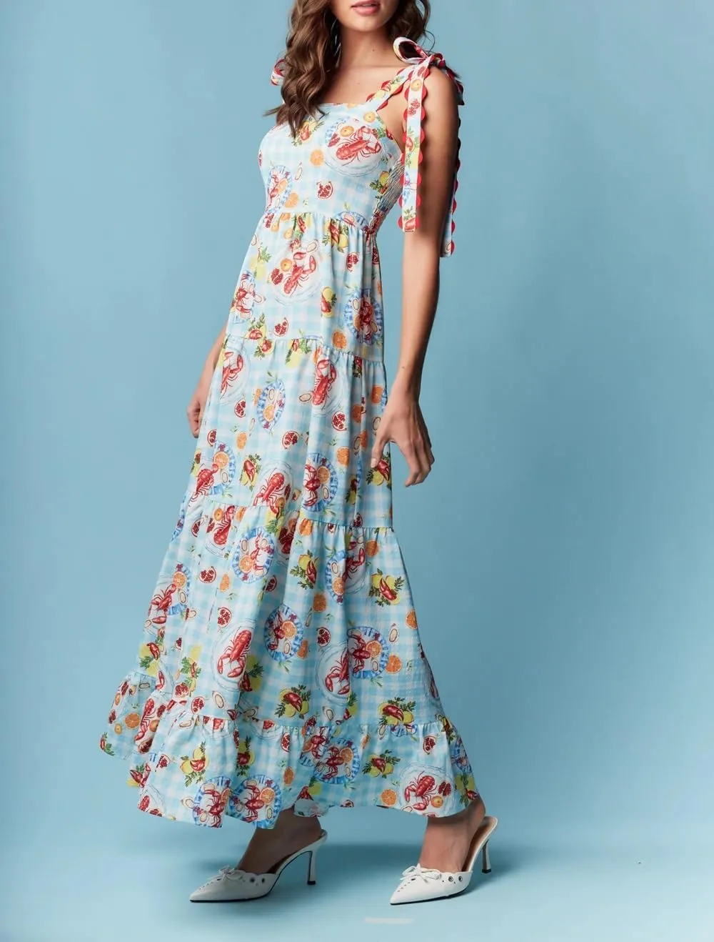 Women Bohemain Floral Maxi Dress Bow Tie Shoulder Flowy Cami Dress Y2K Ruffle Tiered Summer Beach Sundress