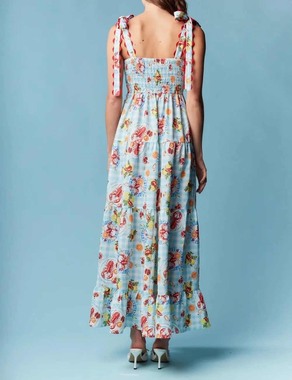 Women Bohemain Floral Maxi Dress Bow Tie Shoulder Flowy Cami Dress Y2K Ruffle Tiered Summer Beach Sundress