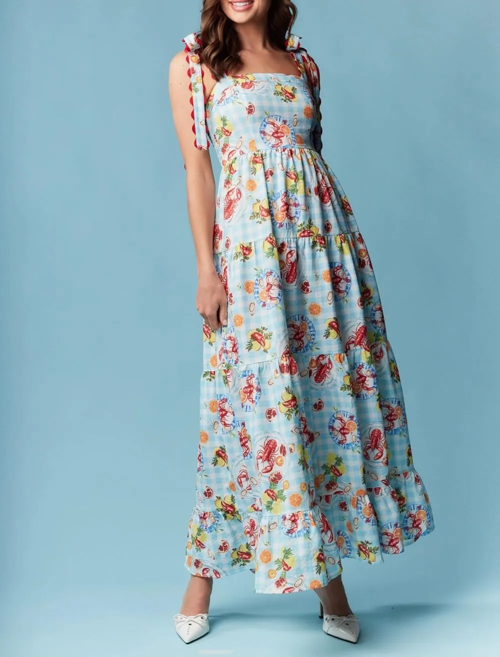 Women Bohemain Floral Maxi Dress Bow Tie Shoulder Flowy Cami Dress Y2K Ruffle Tiered Summer Beach Sundress