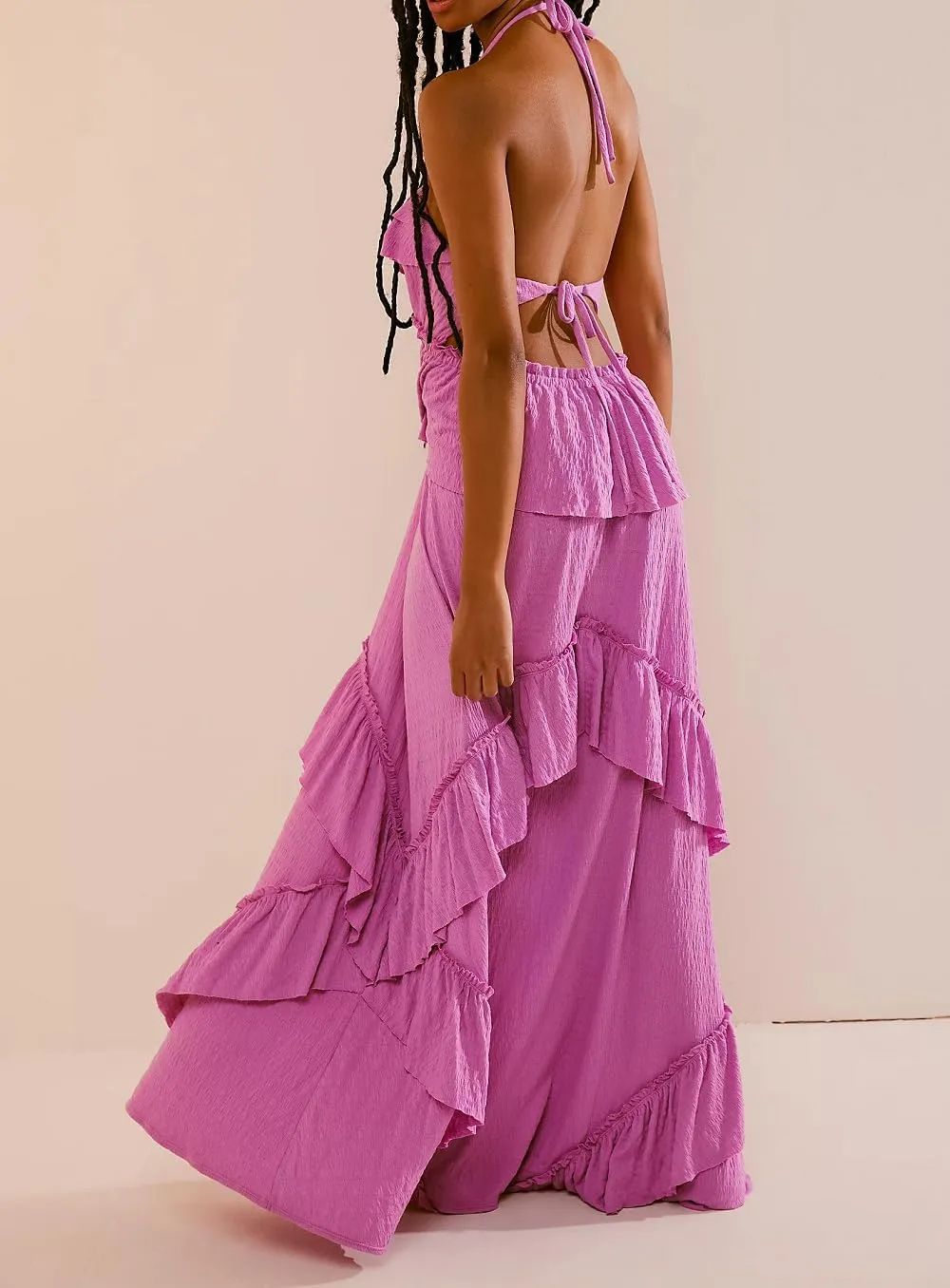 Women Boho Maxi Halter Dress V Neck Ruffle Flowy Long Dress Floral Backless Tiered Sundress Summer Beachwear