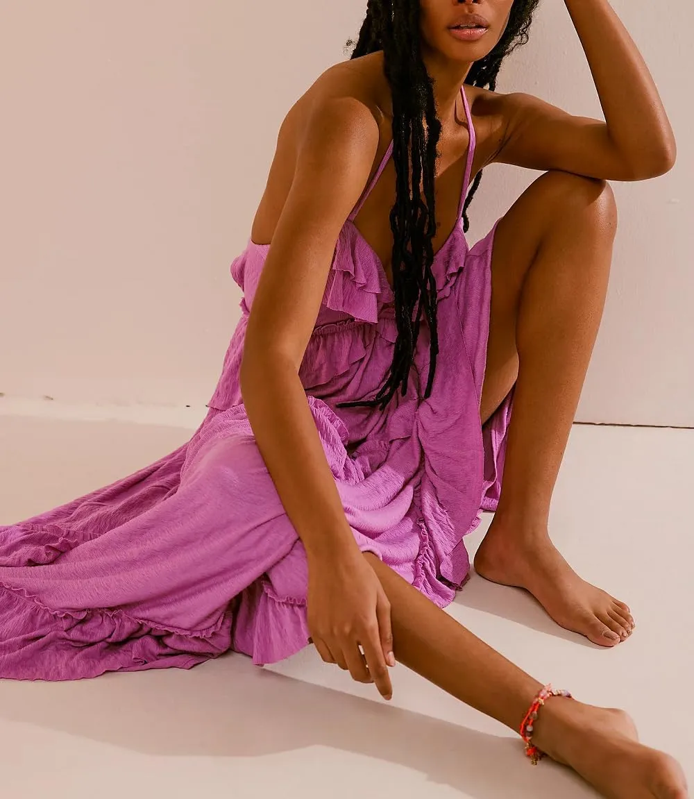 Women Boho Maxi Halter Dress V Neck Ruffle Flowy Long Dress Floral Backless Tiered Sundress Summer Beachwear