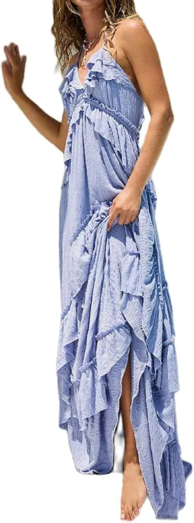 Women Boho Maxi Halter Dress V Neck Ruffle Flowy Long Dress Floral Backless Tiered Sundress Summer Beachwear
