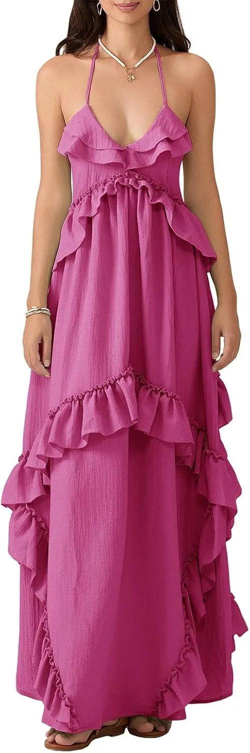 Women Boho Maxi Halter Dress V Neck Ruffle Flowy Long Dress Floral Backless Tiered Sundress Summer Beachwear